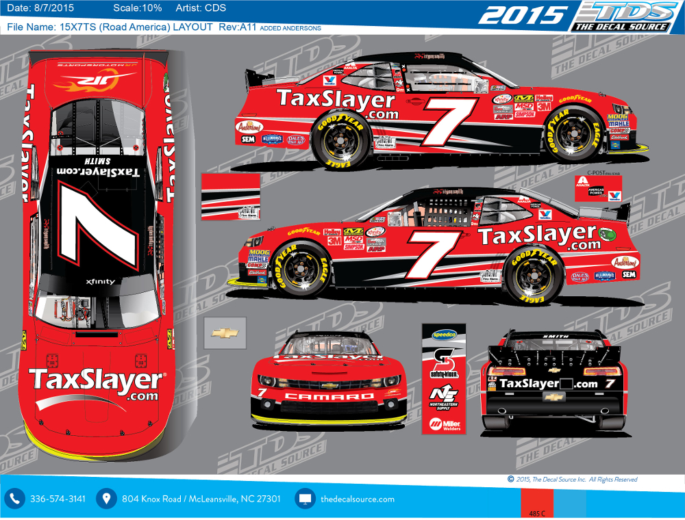 Layout of Regan Smith's JRM Chevy Camaro driven at Road America in the 2015 XFinity Series race.